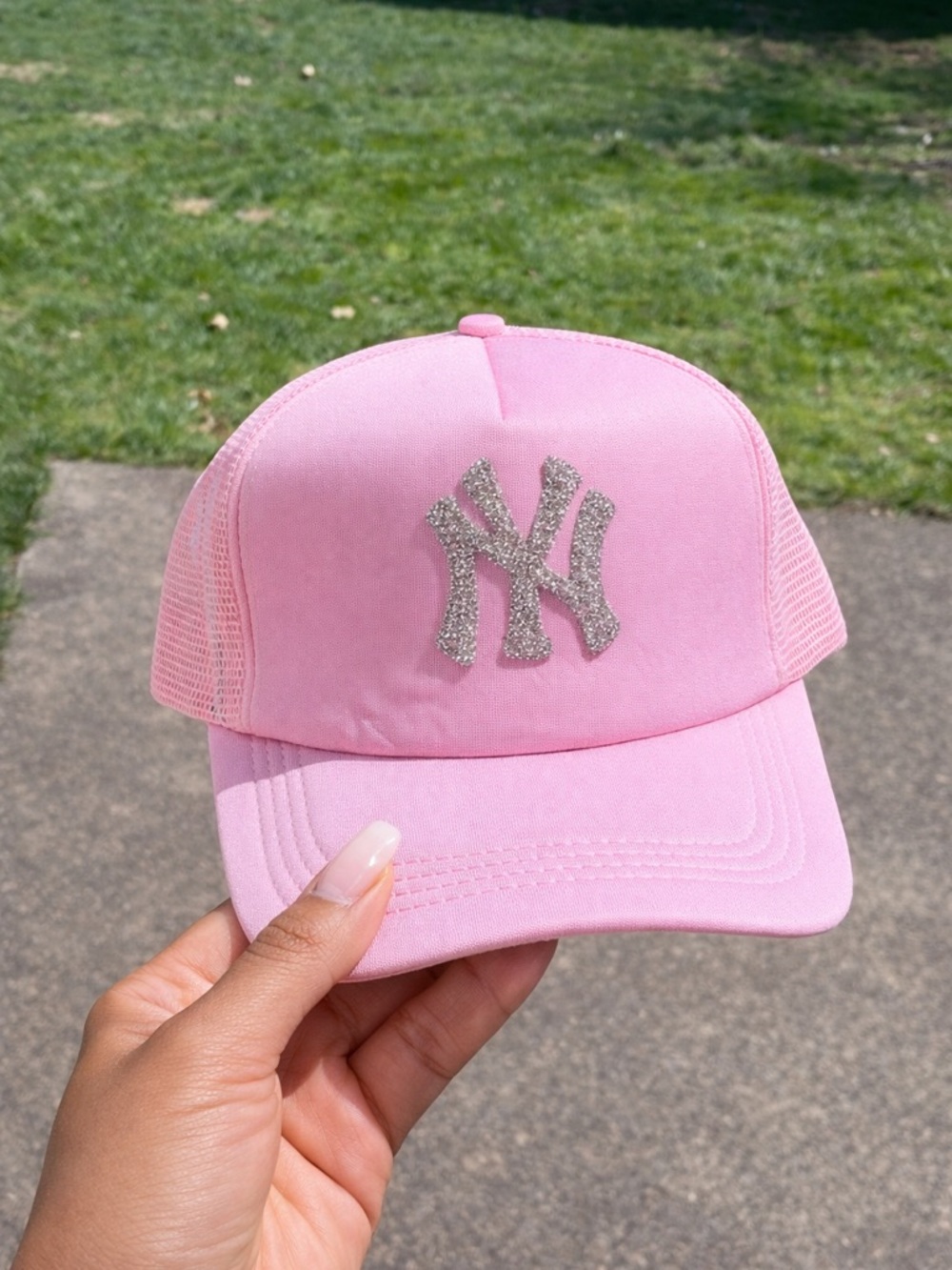 Light Pink Yankee Glitter Logo Trucker Hat